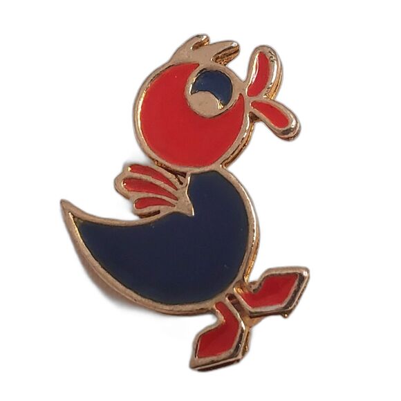 Vintage 1960s Small Enamel Cartoon Duck Pin Brooch Blue Red Gold Tone Cute - Picture 2 of 4